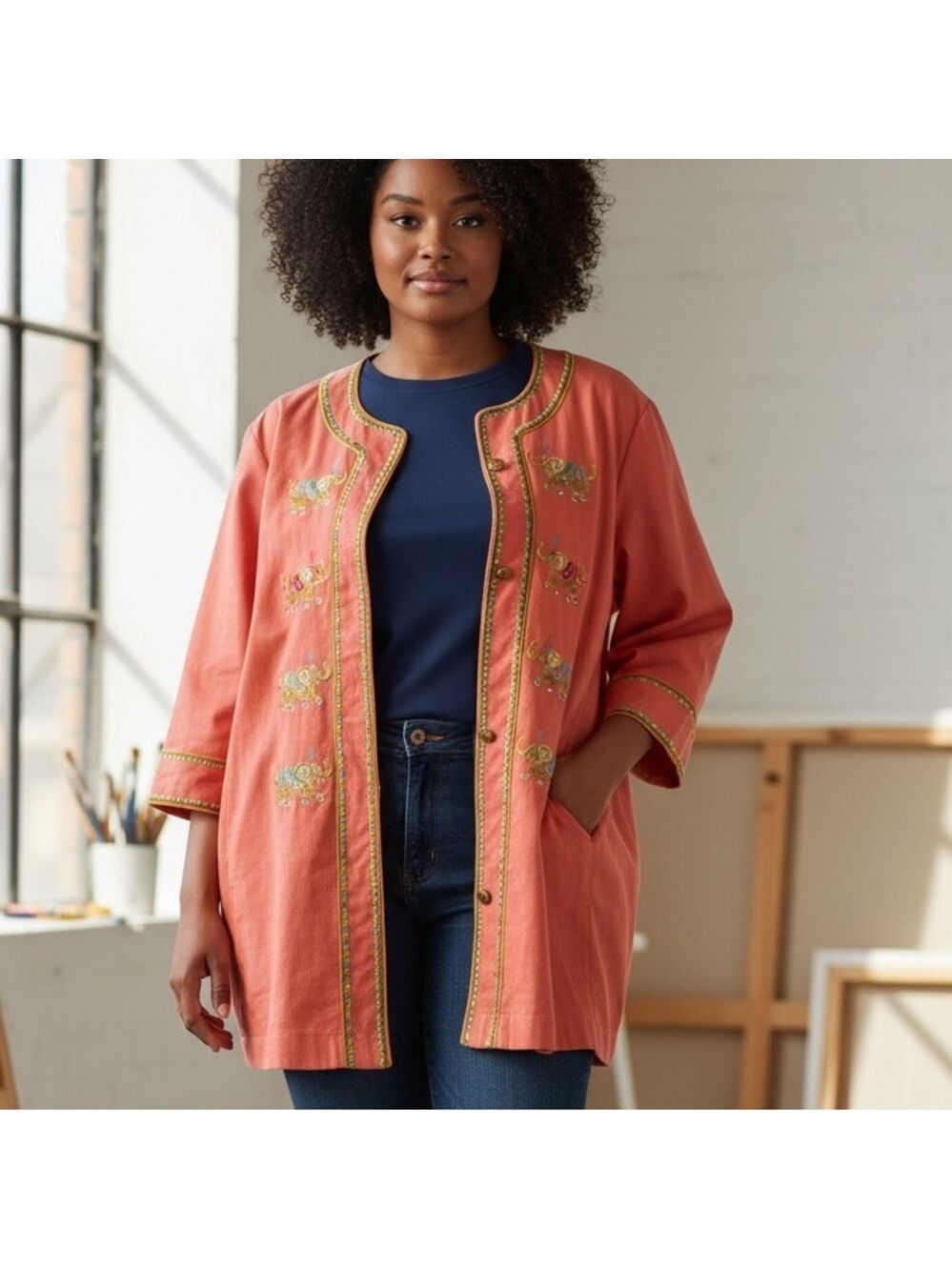 Y2K BOB MACKIE PEACH BOHO OVERSIZED JACKET TUNIC W EMBROIDERED ELEPHANT SZ 2X